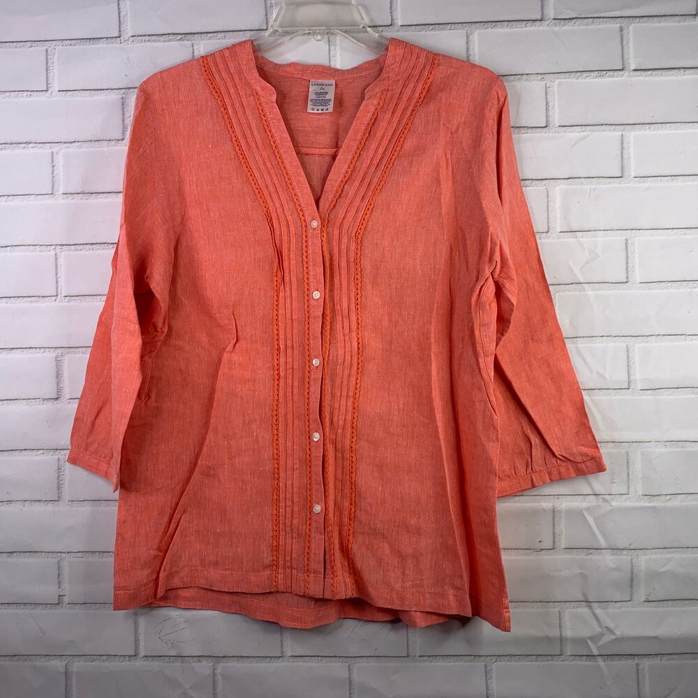 Lands' End blouse 100% linen button front pintuck V neck coral size large 14 16